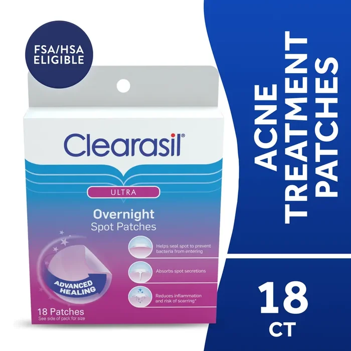 Clearasil Overnight Spot Patches, Advanced Healing Hydrocolloid Acne Pimple Treatment, Blemish Spot Stickers for Face, 18 Count