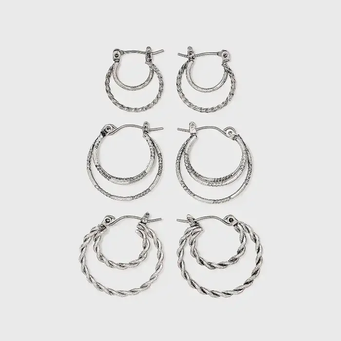 Click Top Faux Duo Hoop Earring Set 3pc – Wild Fable™ Worn Silver