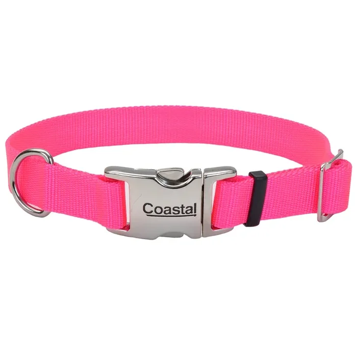 Coastal Adjustable Dog Collar with Metal Buckle, Neon Pink, Medium – 3/4″ x 14″-20″