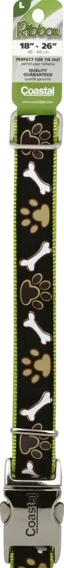 Coastal Ribbon Adjustable Dog Collar with Metal Buckle, Brown Paws and Bones, Large – 1″ x 18″-26″