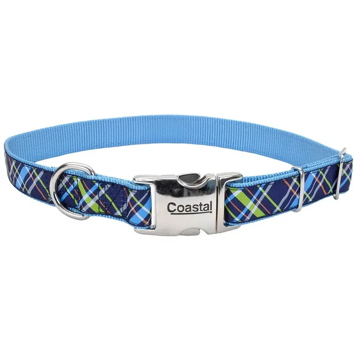 Coastal Ribbon Adjustable Dog Collar with Metal Buckle, Navy Blue Plaid, X-Small – 5/8″ x 8″-12″