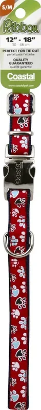Coastal Ribbon Adjustable Dog Collar with Metal Buckle, Red with Paws, Small/Medium – 5/8″ x 12″-18″