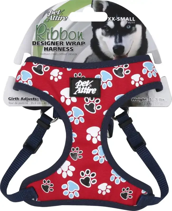 Coastal Ribbon Designer Wrap Adjustable Dog Harness, Red with Paws, XX-Small – 3/8″ x 14″-16″ 5-7 lb