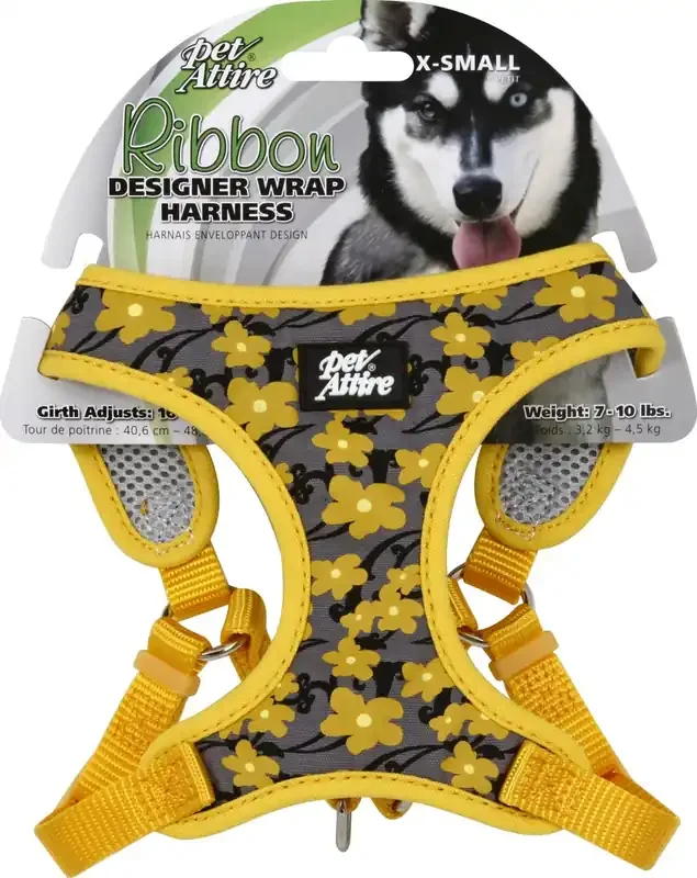 Coastal Ribbon Designer Wrap Adjustable Dog Harness, Yellow Buttercup, X-Small – 5/8″ x 16″-19″ 7-10 lb