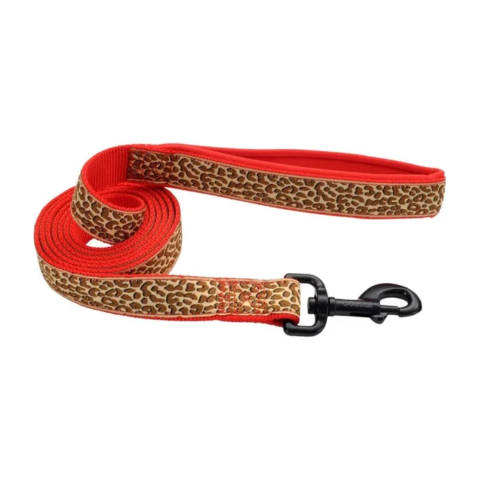Coastal Ribbon Weave Leash, Brown Leopard on Red, Small/Medium – 5/8″ x 6‘