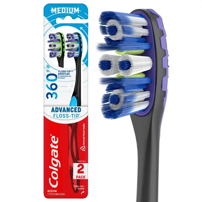 Colgate 360 Advanced Floss Tip Medium Bristles toothbrush for adults 2 pck