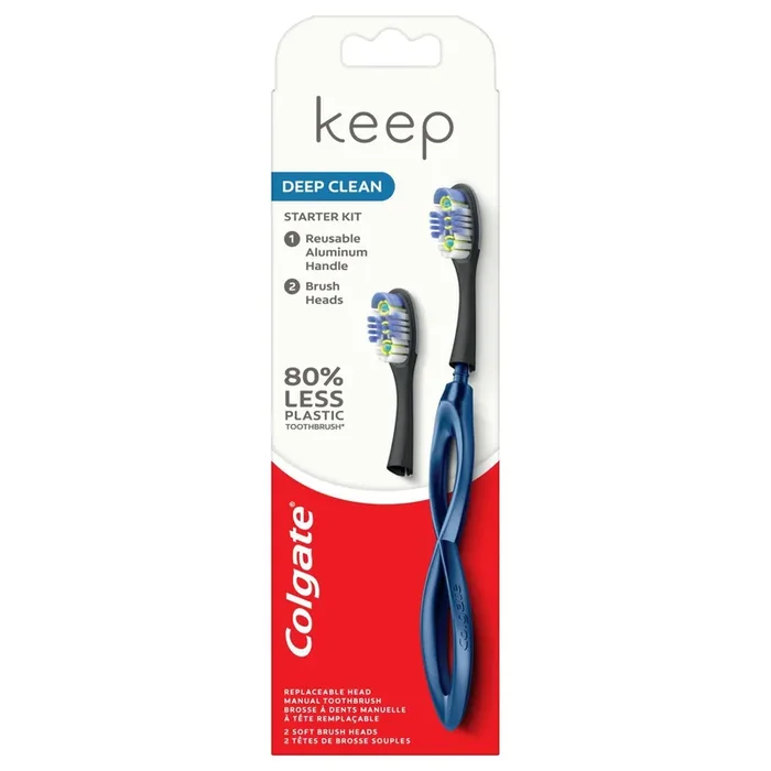 Colgate Keep Manual Toothbrush – Deep Clean Starter Kit with 2 Replaceable Brush Heads – Blue – 1ct