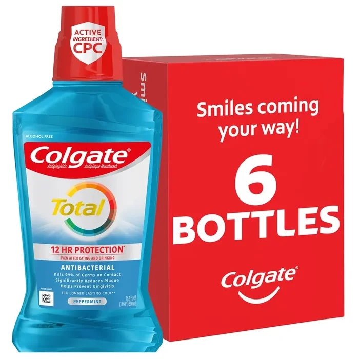 Colgate Total Pro-Shield Alcohol Free Mouthwash, Antibacterial Formula, Peppermint – 500 mL, 16.9 fl.oz. (6 Pack)