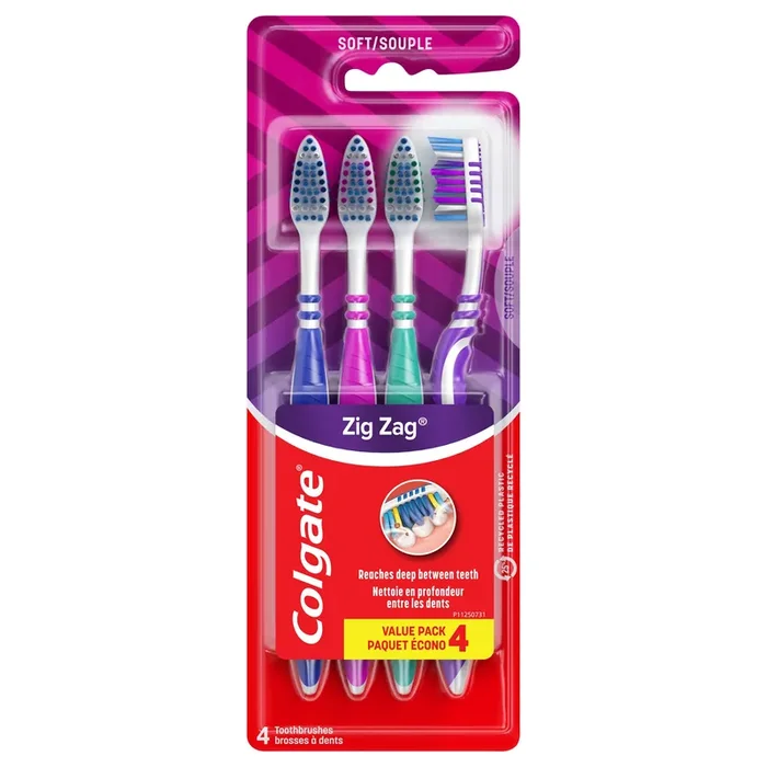 Colgate ZigZag Deep Clean Manual Toothbrush With Tongue and Cheek Cleaner, Soft, 4 Pack