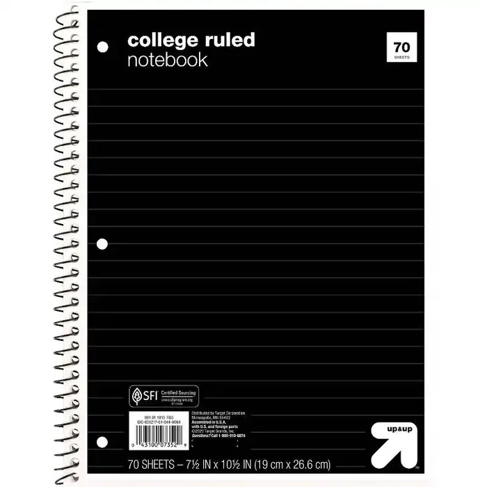 College Ruled Black 1 Subject Flexible Paperboard Cover Spiral Notebook – up&up™ 3 Hole Punched, 70 Pages, 7.5×10.5″