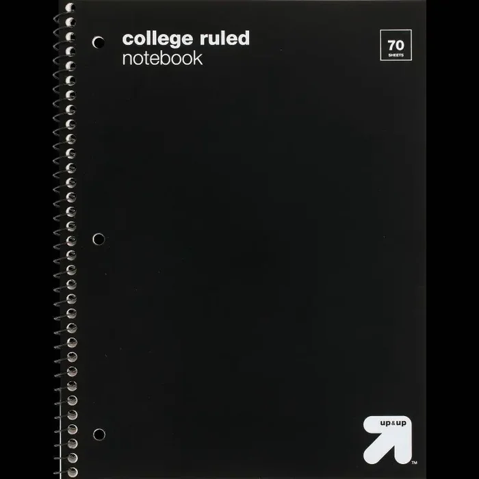 College Ruled Black 1 Subject Flexible Plastic Cover Spiral Notebook – up&up™ 3 Hole Punched, Perforated, 70 Pages