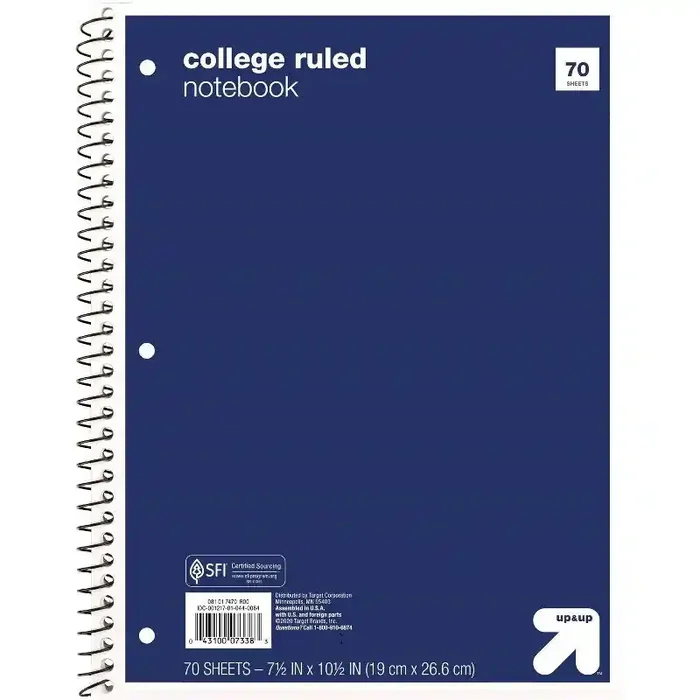 College Ruled Blue 1 Subject Flexible Paperboard Cover Spiral Notebook – up&up™ 70 Pages, 3 Hole Punched, 7.5×10.5″