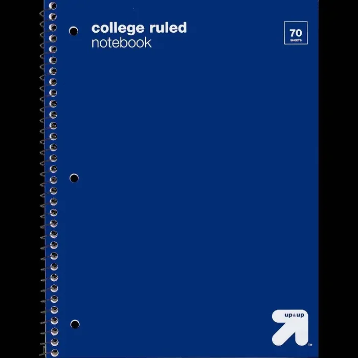 College Ruled Blue 1 Subject Flexible Plastic Cover Spiral Notebook – up&up™ 3 Hole Punched, Perforated, 70 Pages