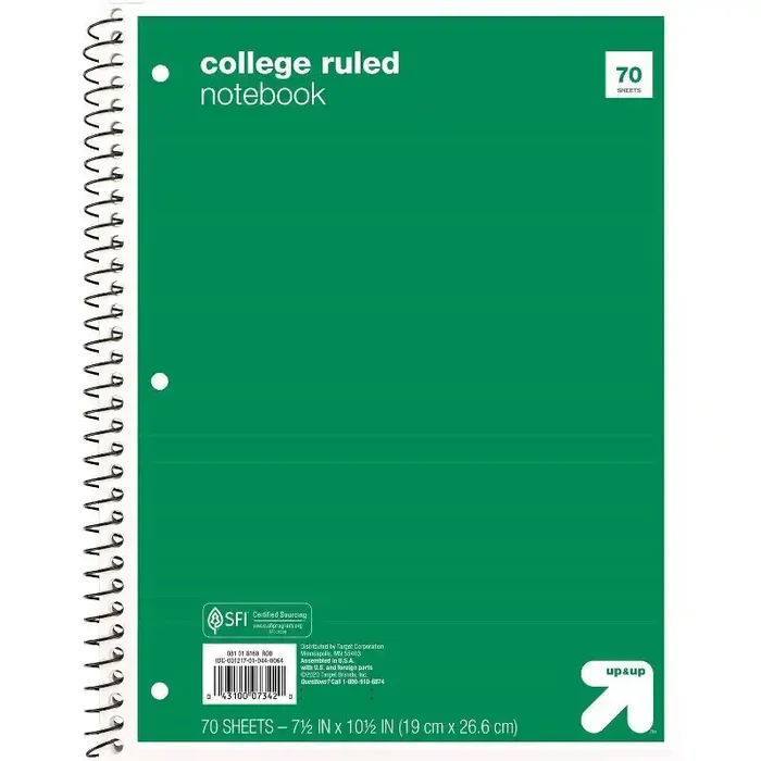 College Ruled Green 1 Subject Flexible Paperboard Cover Spiral Notebook – up&up™ 70 Pages, 3 Hole Punched, 7.5×10.5″