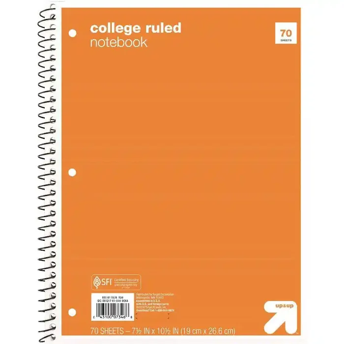 College Ruled Orange 1 Subject Flexible Paperboard Cover Spiral Notebook – up&up™ 70 Pages, 3 Hole Punched, 7.5×10.5″