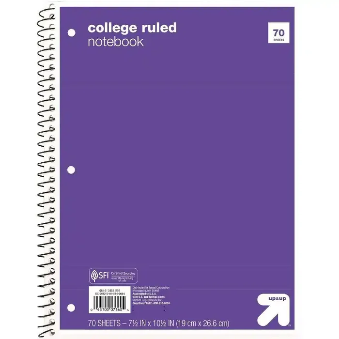 College Ruled Purple 1 Subject Flexible Paperboard Cover Spiral Notebook – up&up™ 70 Pages, 3 Hole Punched, Tween