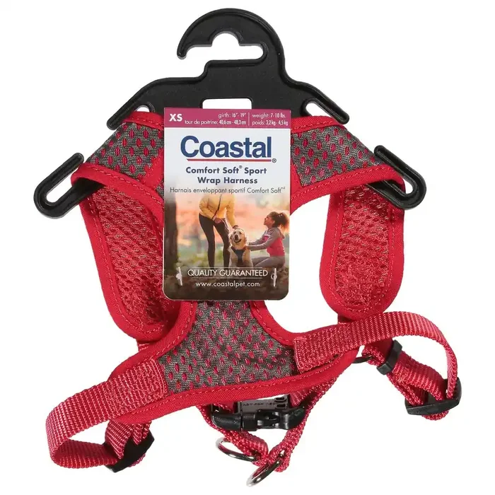 Comfort Soft Sport Wrap Adjustable Dog Harness, Grey with Red, X-Small – 5/8″ x 16″-19″ 7-10 lb