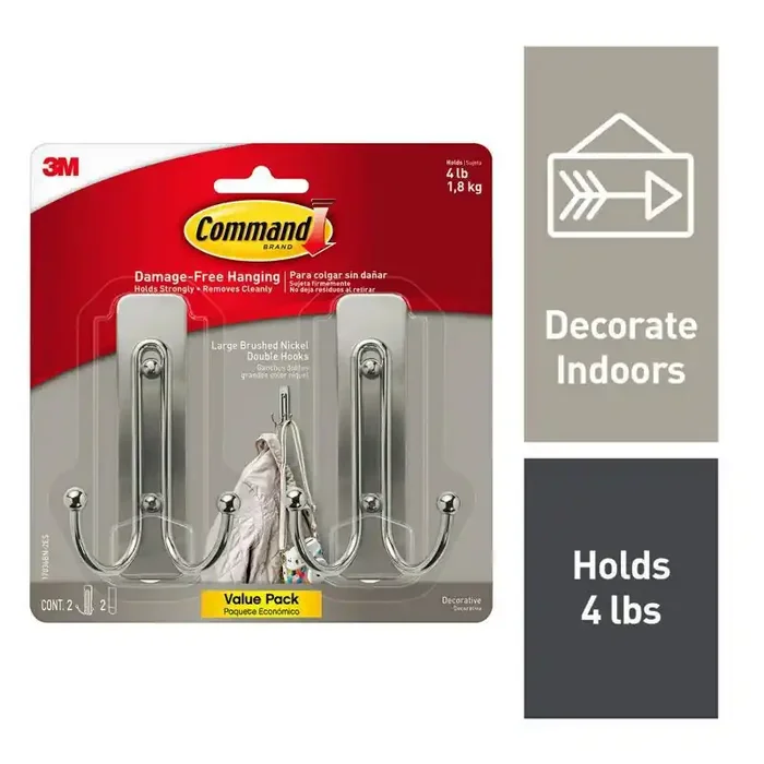 Command 2pk Large Sized Double Decorative Hooks Brushed Nickel Wall Hooks, Towel Hook, Silver, 4 lb Capacity