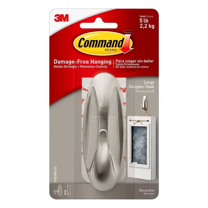 Command Large Designer Nickel Hook Wall Hooks, Large Command Hooks, Silver, 5 lb Capacity, Decorative, Painted Finish