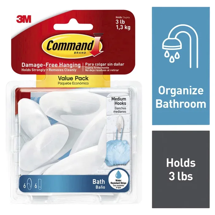Command Medium Bath Hooks, Value Pack, 6 Medium Water-Resistant Strips/Pack