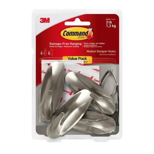 Command Medium Metallic Designer Hooks, Value Pack 4 Hooks, 6 Strips