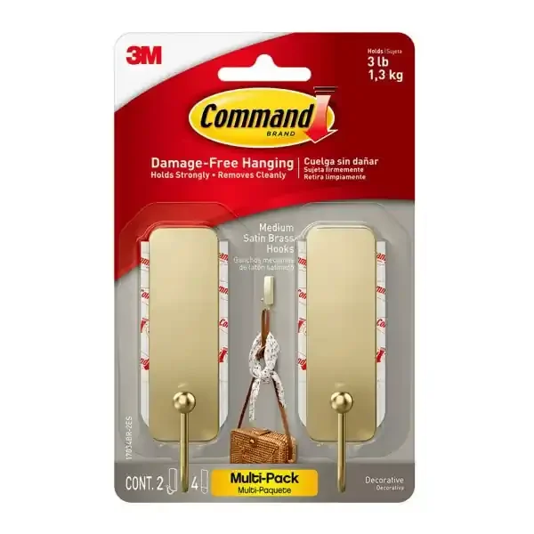 Command Medium Satin Brass Hooks, 3 Lb, 2 Medium Hooks, 4 Medium Strips
