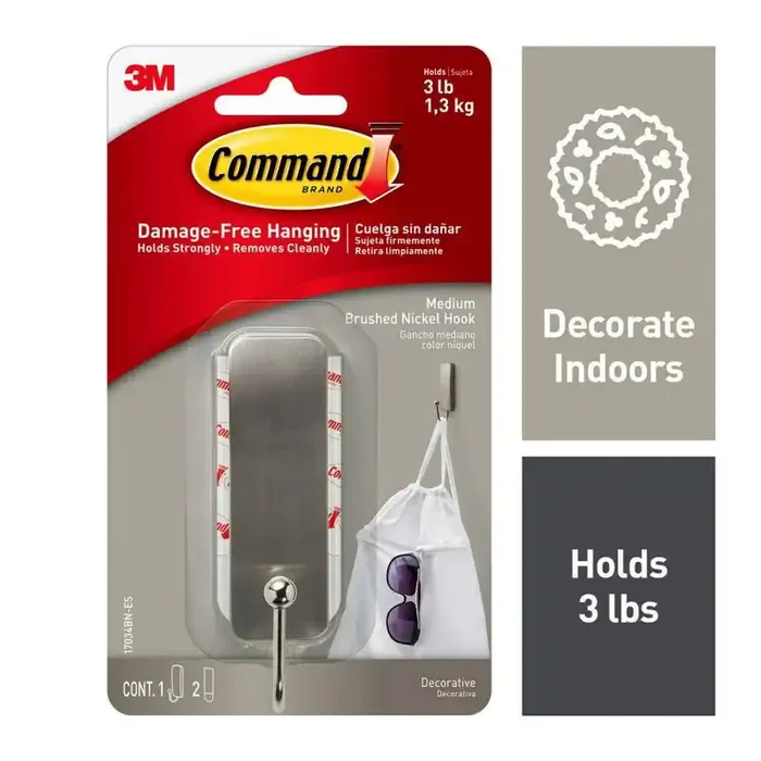 Command Medium Sized Hook Nickel Heavy Duty Decorative Towel Hook, Silver, 3 lb Capacity, Painted Finish
