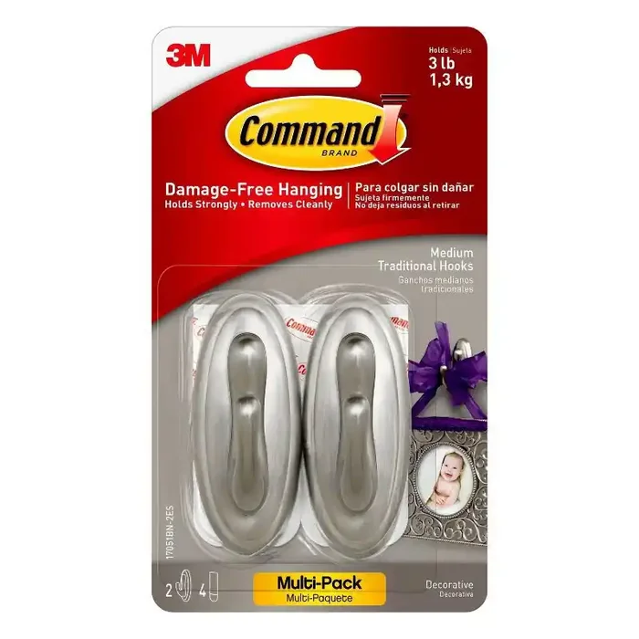 Command Medium Sized Traditional Decorative Hooks Nickel Wall Hooks for Curtain Rods, Silver, 3 lb Capacity, 2 Pack