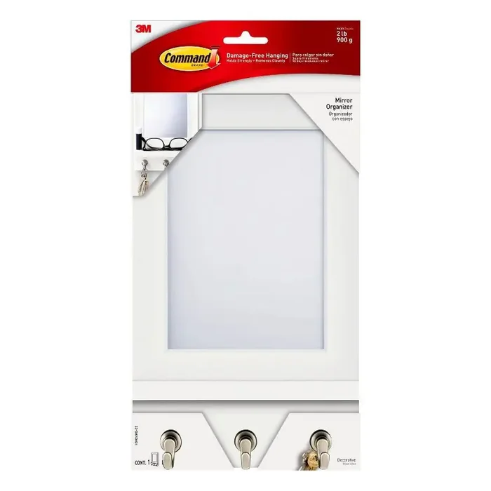 Command Mirror Organizer White Wall Mounted Decorative Hook Rack with Command Strips, Off-White, 11.22″ Length