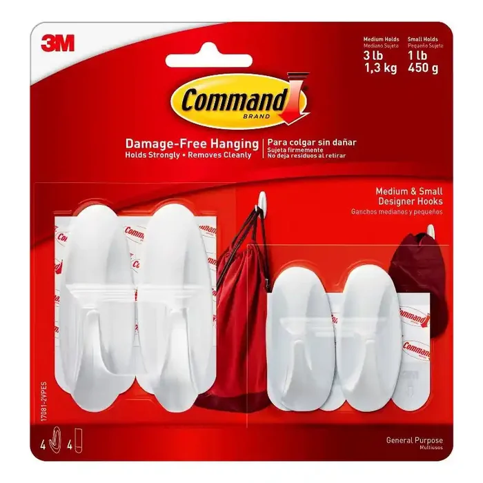 Command Small and Medium Hook Value Pack Heavy Duty Adhesive Wall Hooks, 3 lb Capacity, 4 Pack, White
