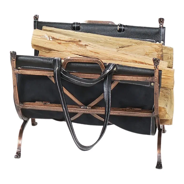 Copper Firewood Log Holder with Black Leather Carrier