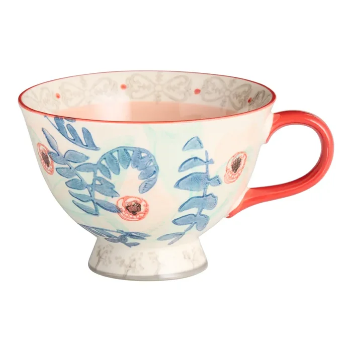 Coral and Teal Abstract Floral Hand Stamped Ceramic Mug