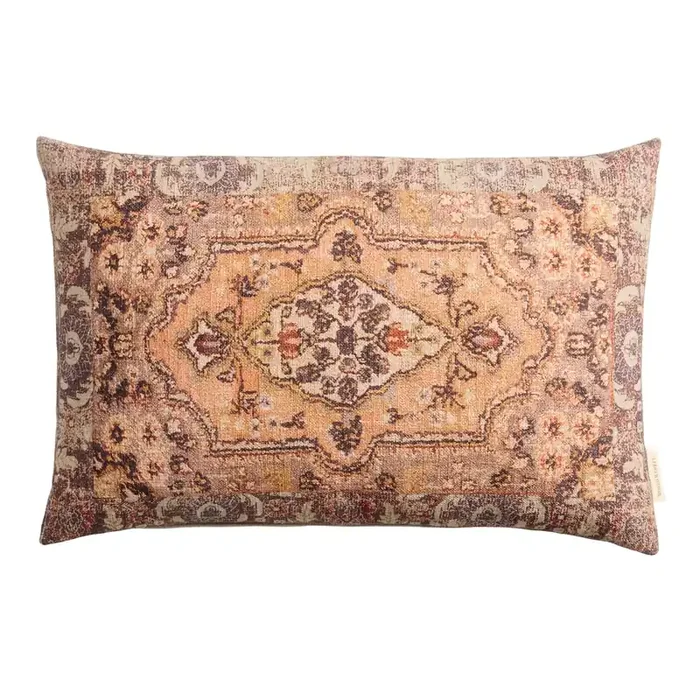 Coral Cotton Slub Floral Rug Print Lumbar Pillow
