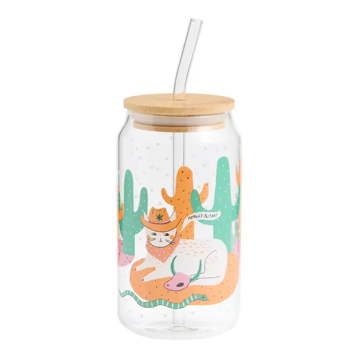 Cowboy Cat Glass To Go Tumbler with Straw