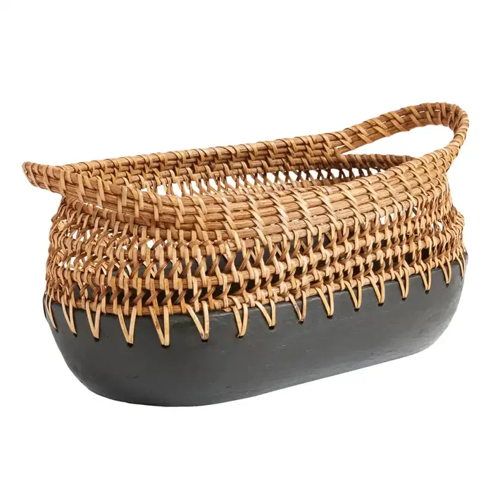 CRAFT Noor Black Terracotta and Natural Rattan Bowl Decor