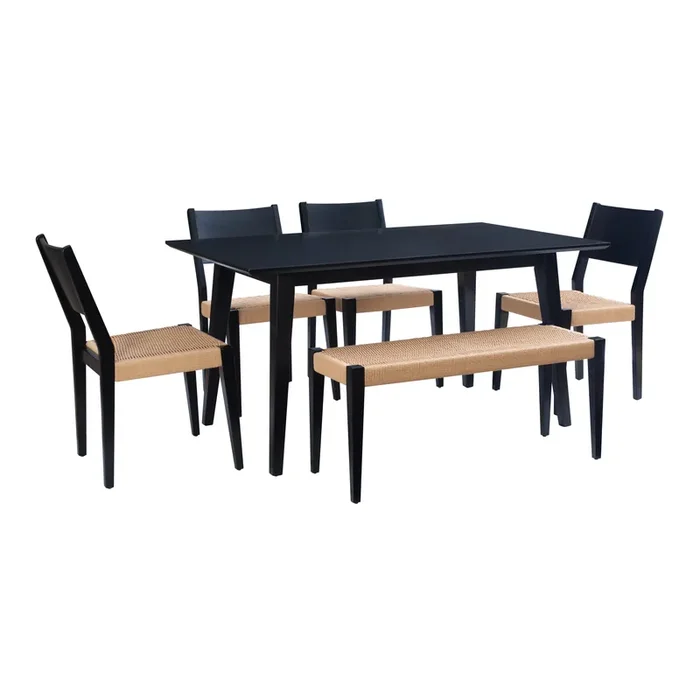 Cranwood Black Wood and Rope Mid Century 6 Piece Dining Set