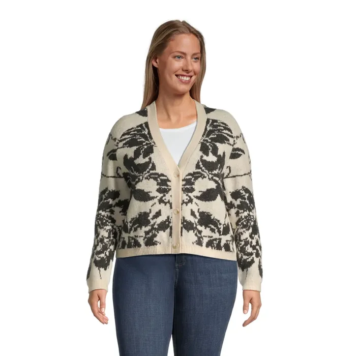 Cream and Black Floral Intarsia Cardigan