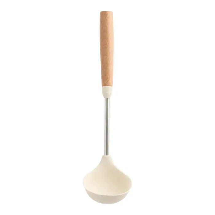 Cream Silicone and Wood Ladle