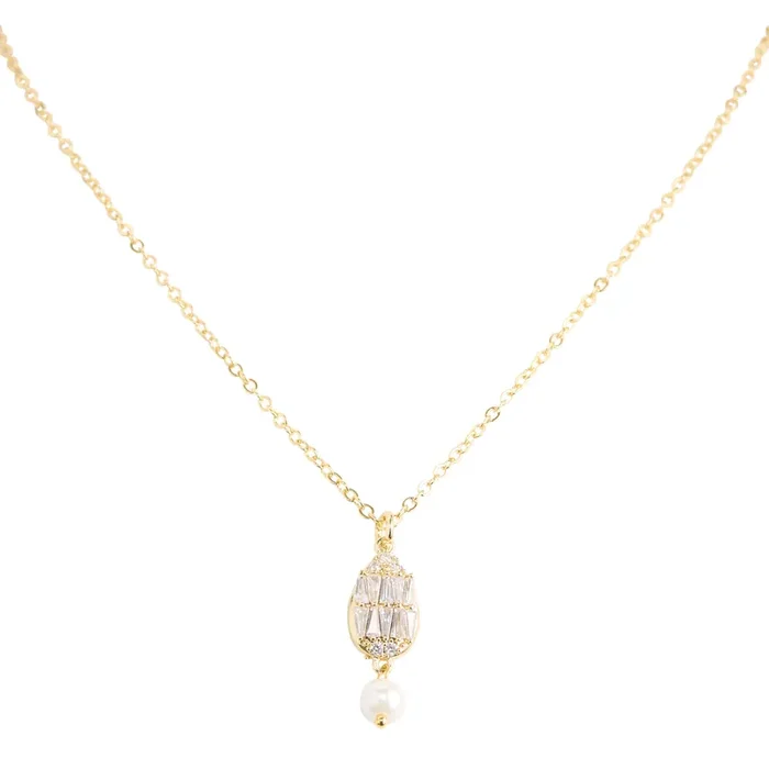 Cubic Zirconia 14k Gold Plated Faux Pearl Pendant Necklace