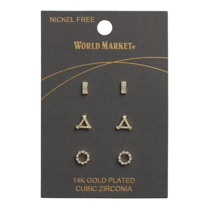 Cubic Zirconia 14k Gold Plated Stud Earrings 3 Pack