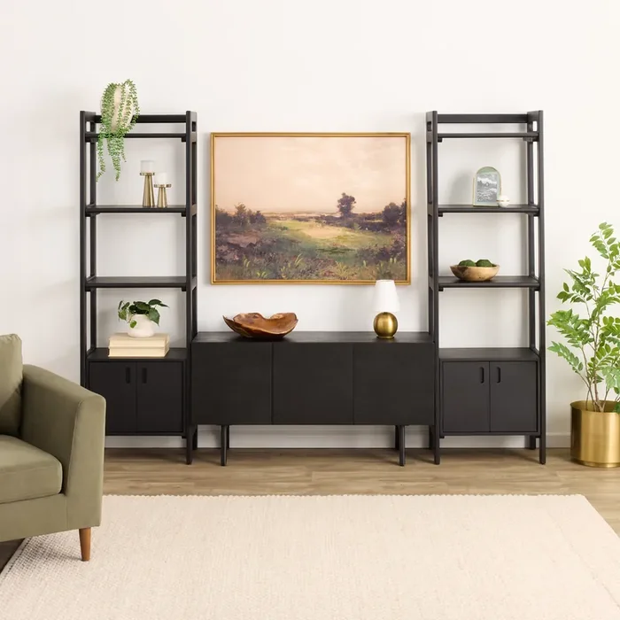 Dane Modular 48 Inch Media Wall System with Narrow Cabinet Shelves 3 Piece Set