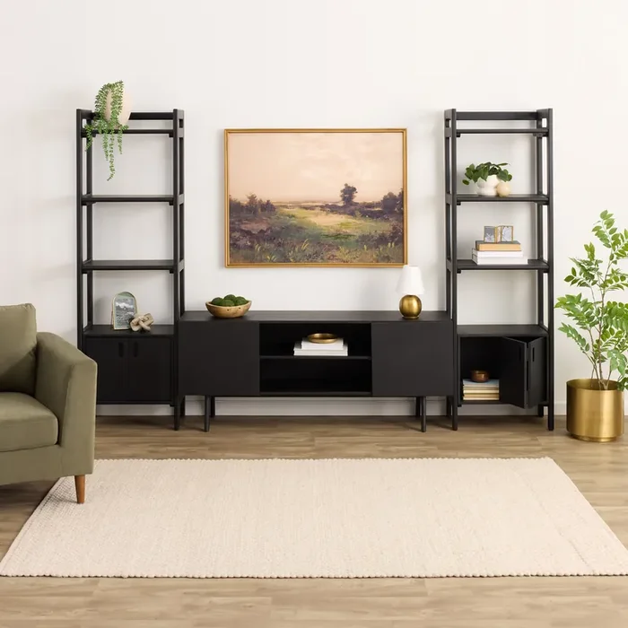 Dane Modular 60 Inch Media Wall System with Narrow Cabinet Shelves 3 Piece Set