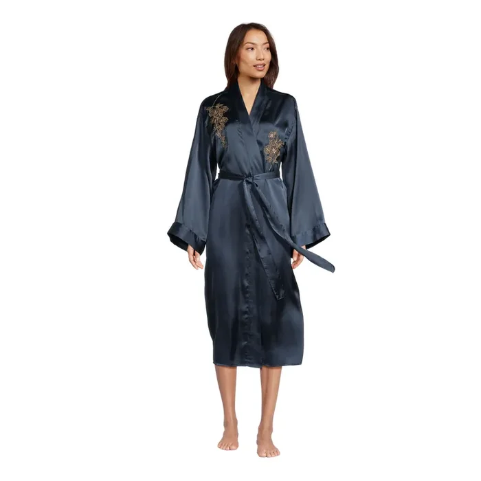 Dark Blue Satin Floral Embroidered Robe
