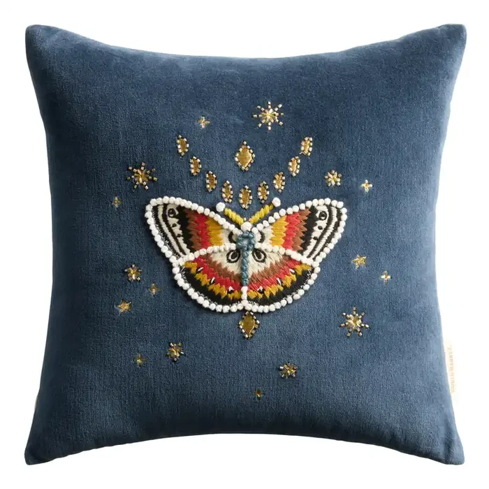 Dark Blue Velvet Beaded Celestial Moth Throw Pillow