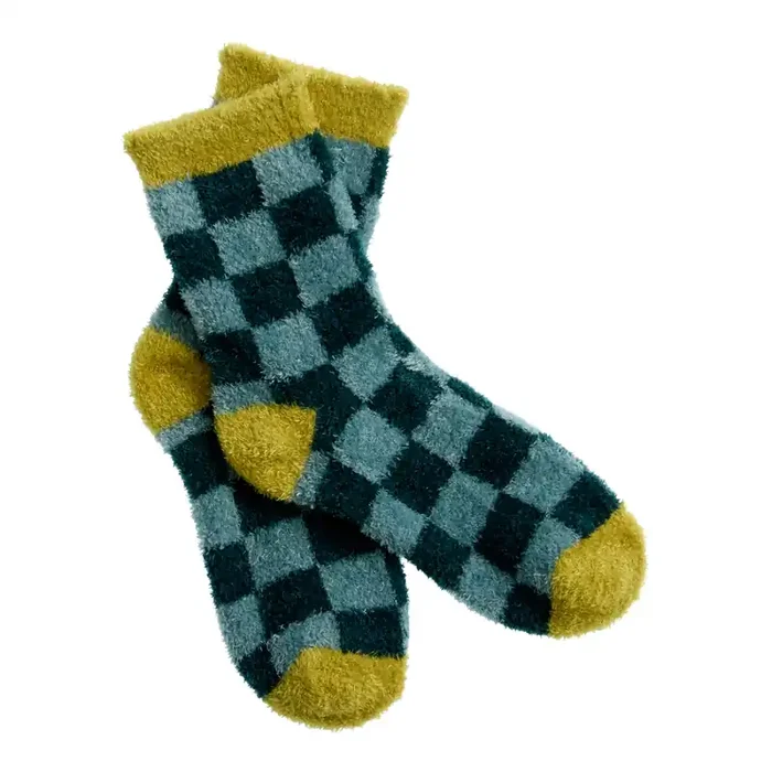 Dark Teal and Chartreuse Eyelash Knit Checkered Socks
