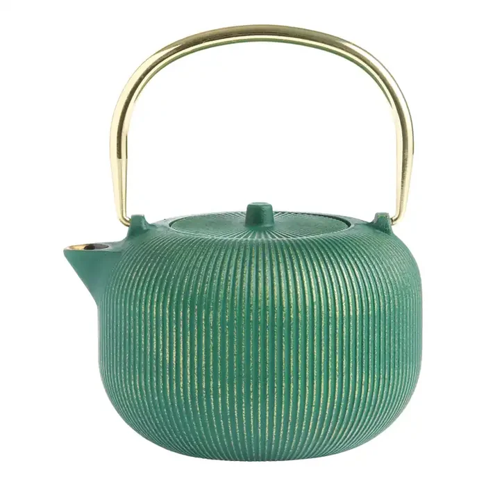 Deep Sea Green and Gold Cast Iron Ribbed Teapot