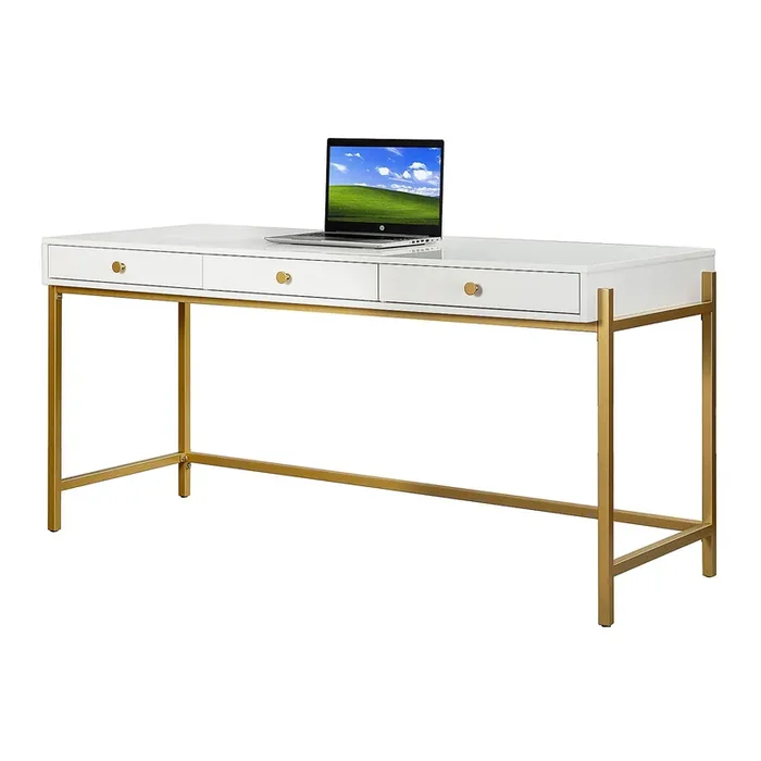 Dennis Wood and Gold Metal Desk with Drawers