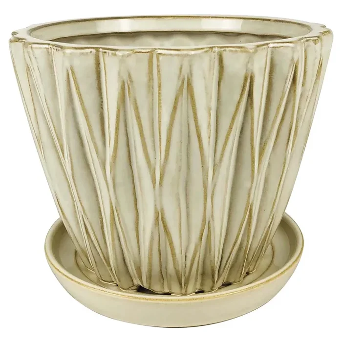 Dimensional Ceramic Planter with Attached Saucer, Bright White, 7.5″