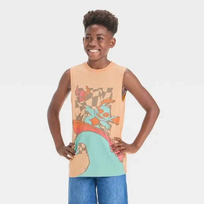 Disney Boys‘ Stitch Surfing Mineral Wash Tank Top – Orange S
