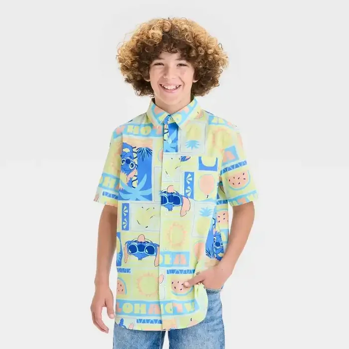 Disney Boys‘ Stitch Woven Button Up Shirt – Aqua Green S